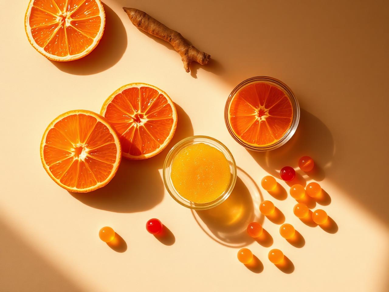 Oranges, turmeric root, sea moss gel and amber gummies on a warm cream surface
